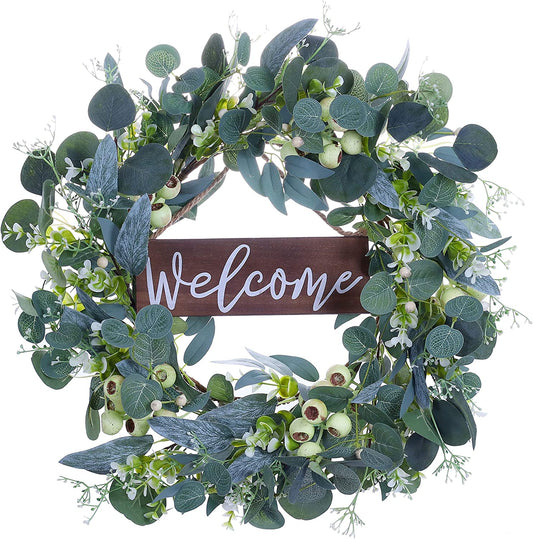 20 Inch Artificial Eucalyptus Wreath with Welcome Sign